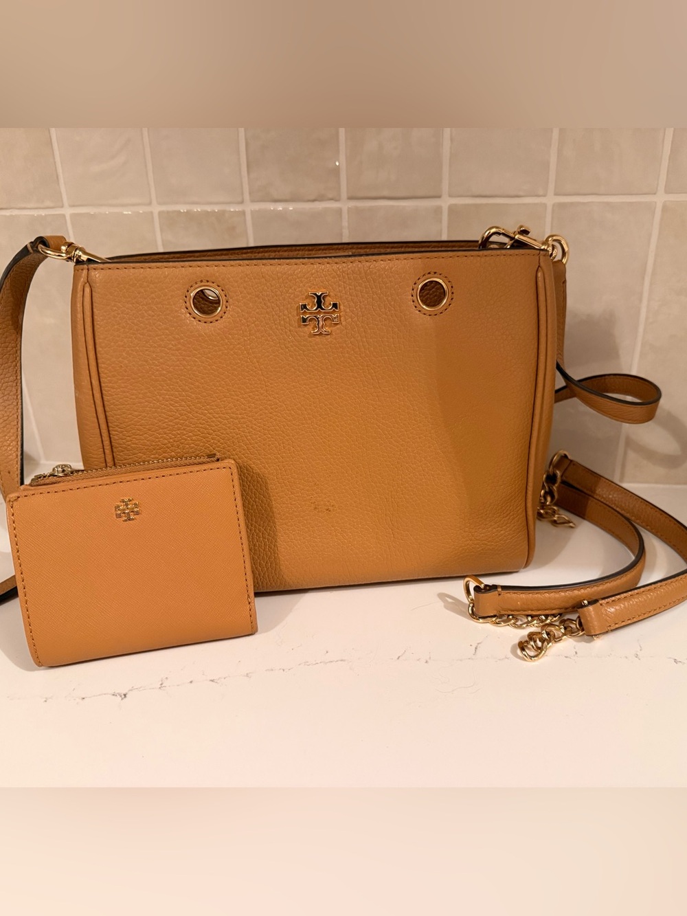 Tory Burch Camel Pebbled Leather Shoulder Bag with Gold Hardware & Wallet